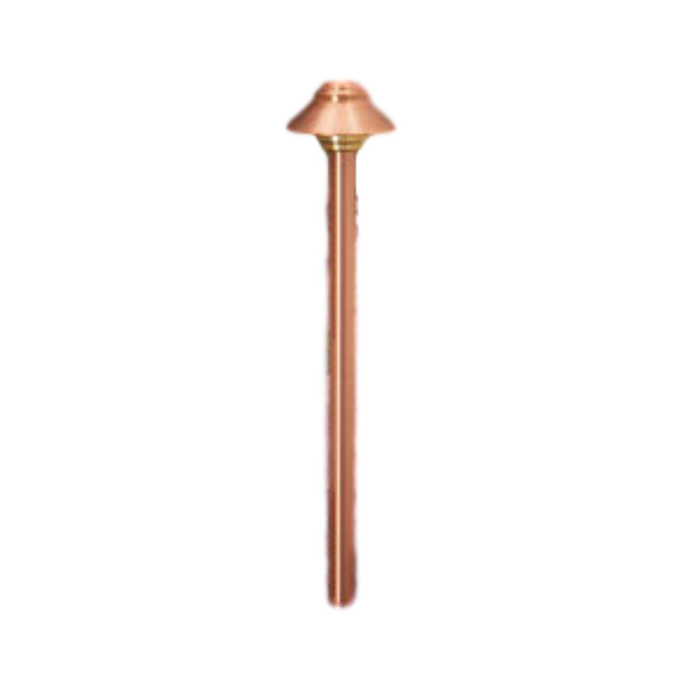 Vista PR-2165-CSN-NL copper path light showing spun copper housing, Panoramic Plus Tuffak® lens, solid brass Turn‑To‑Lock base, and fixture profile.