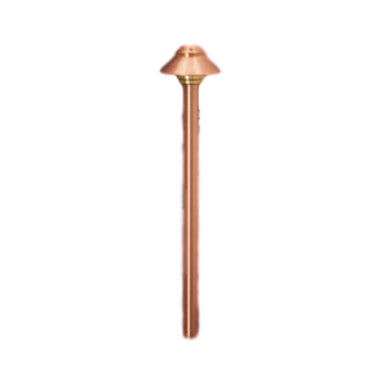 Vista PR-2165-CSN-NL copper path light showing spun copper housing, Panoramic Plus Tuffak® lens, solid brass Turn‑To‑Lock base, and fixture profile.