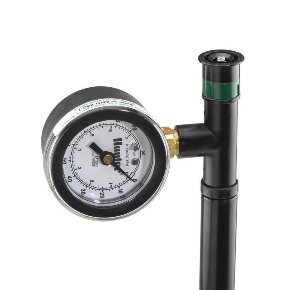 Front view of Hunter MPGAUGE spray head pressure gauge with MP adapter tee; shows gauge dial, threaded fitting, and compact handheld design.