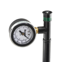 Front view of Hunter MPGAUGE spray head pressure gauge with MP adapter tee; shows gauge dial, threaded fitting, and compact handheld design.