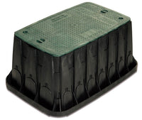 Top view of Rain Bird VB-MAX-H Maxi Jumbo rectangular valve box with green lift-off lid, black polypropylene body, and two locking hex bolts visible (installation-ready).