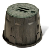 Front view of Rain Bird VB10RND 10-inch round valve box with black recycled polypropylene body and overlapping green lid, assembled and ready for installation.