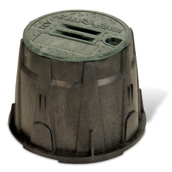Front view of Rain Bird VB10RND 10-inch round valve box with black recycled polypropylene body and overlapping green lid, assembled and ready for installation.