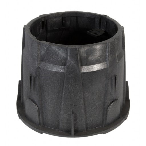 Black 10-inch round Rain Bird valve box body (VB10RNDB) showing wide flange, corrugated sides and pre-scored knock-outs for pipe entry.