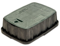 Rain Bird VBJMBB jumbo rectangular valve box body (no lid), black enclosure shown from an angle with visible knock-out openings and shovel access slot