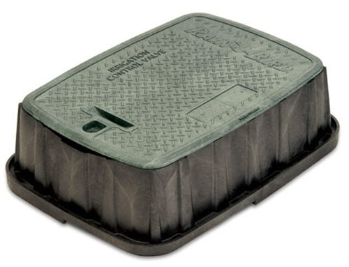 Rain Bird VBJMBB jumbo rectangular valve box body (no lid), black enclosure shown from an angle with visible knock-out openings and shovel access slot