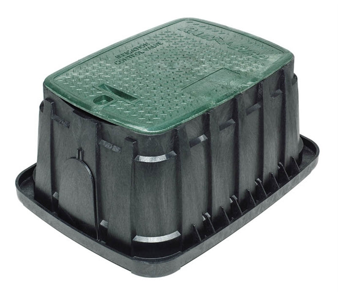 Rain Bird VBJMBH jumbo rectangular valve box showing black recycled-polypropylene body and locking green lid, side and top views