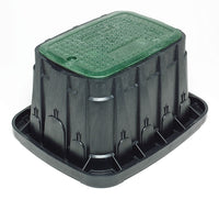 Photo of Rain Bird VBSTDH standard rectangular valve box showing black polypropylene body and locking green lid.
