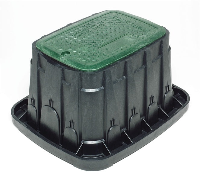 Photo of Rain Bird VBSTDH standard rectangular valve box showing black polypropylene body and locking green lid.