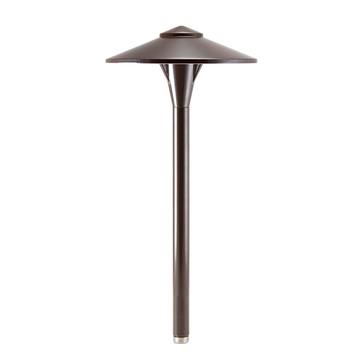 Vista PR-4704 dark bronze path light with die-cast aluminum housing, clear polycarbonate lens, ½-inch NPT stem, and prewired 3-foot cable for 12V systems.