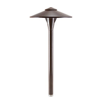 Vista PR-4704 dark bronze path light with die-cast aluminum housing, clear polycarbonate lens, ½-inch NPT stem, and prewired 3-foot cable for 12V systems.