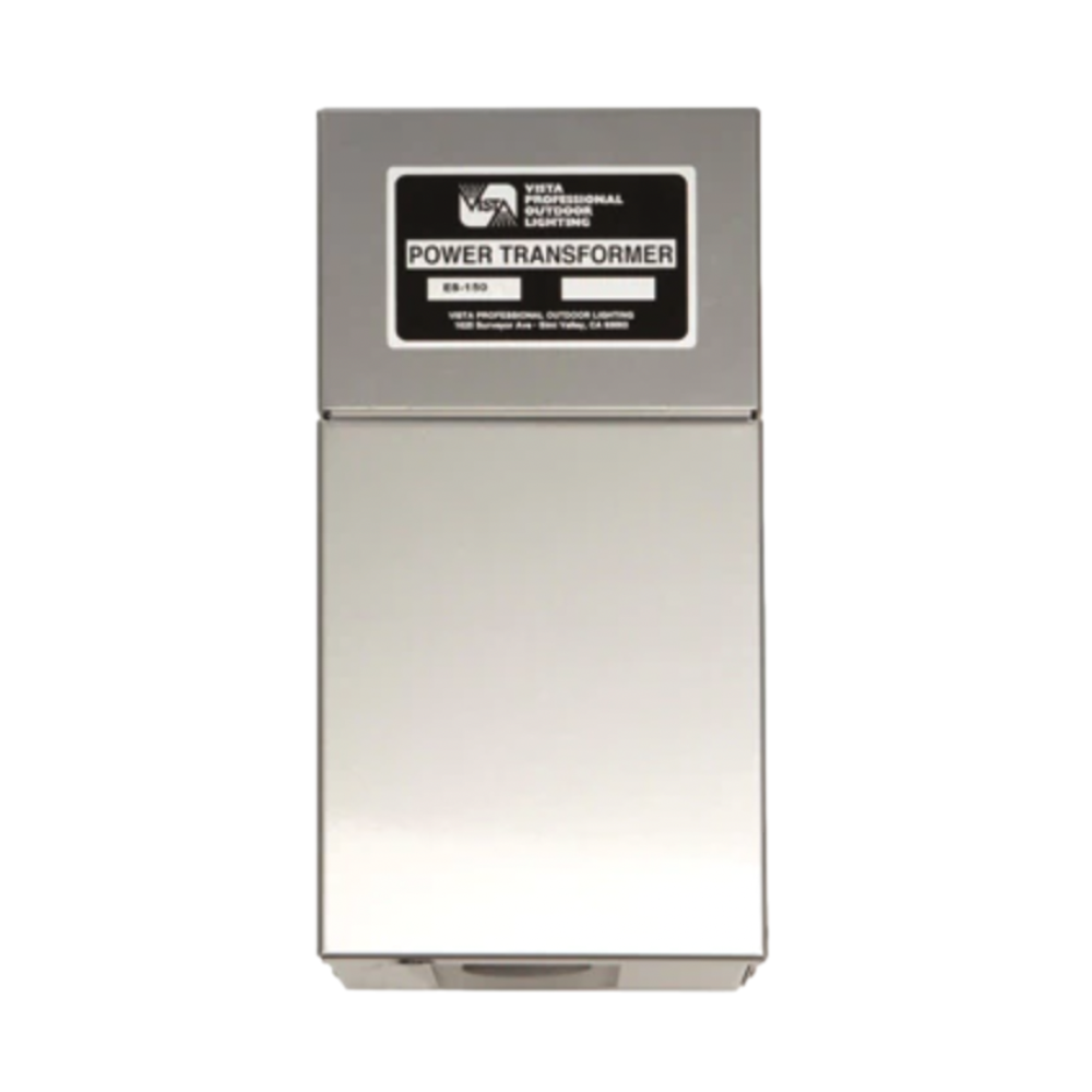 Front view of Vista ES-150T 150W stainless steel outdoor transformer with timer module and weather-tight polished cabinet.