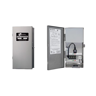 Angle view of Vista ES-150 150W transformer showing adjustable cable raceway feeder and cable access knockout for easy installation.