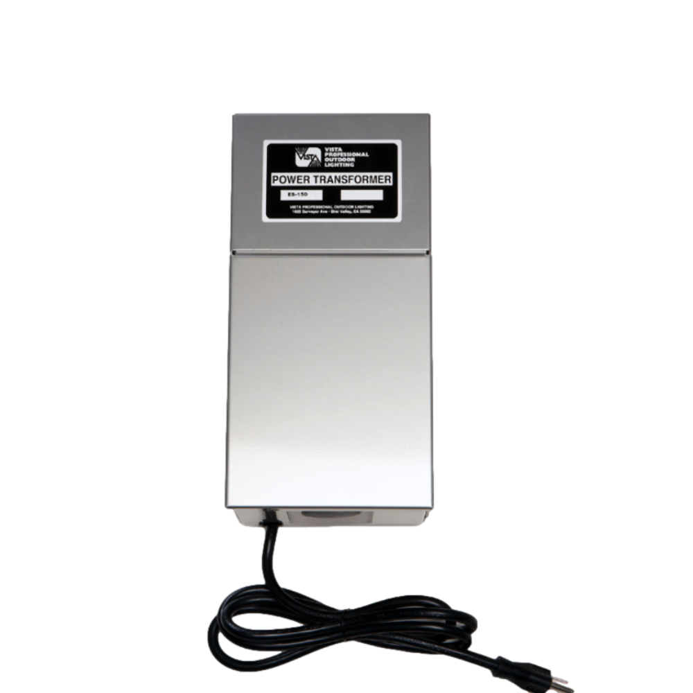 Front view of Vista ES-150 150W stainless steel transformer with polished 20-gauge cabinet and visible terminal area for wiring connections.