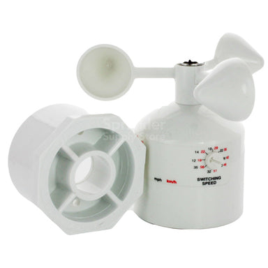 Side view of Hunter Wind-Clik wind sensor with mounting base and cup assembly for detecting wind speed and protecting irrigation