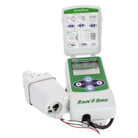 Front view of Rain Bird WR2-RFC wireless rain and freeze sensor with mounting bracket on a white background, showing controller interface and sensor.