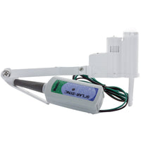 Front view of Hunter WSS‑SEN wireless Solar Sync sensor and receiver with gutter mount and extension arm on white background, showing installation hardware.