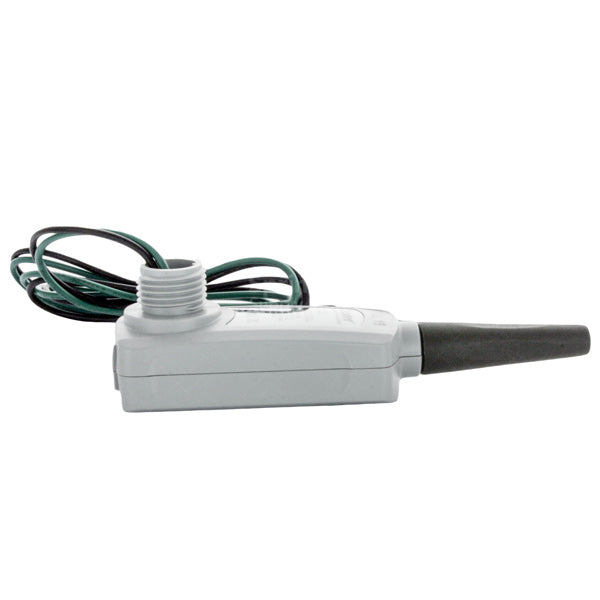 Hunter WSS‑SEN wireless receiver and wiring connections beside the Solar Sync sensor, showing receiver size and wall-mount bracket.