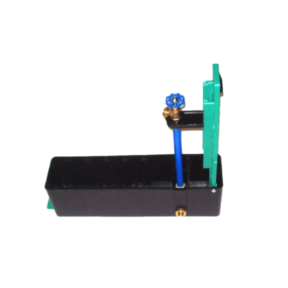 Green WaterBox hose faucet enclosure shown closed on white background; low-profile rectangular plastic box to conceal an outdoor spigot and protect the valve from impacts.