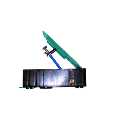 Perspective view of WaterBox hose faucet enclosure in green plastic with lid visible; illustrates depth and lid profile for outdoor faucet installation and access.