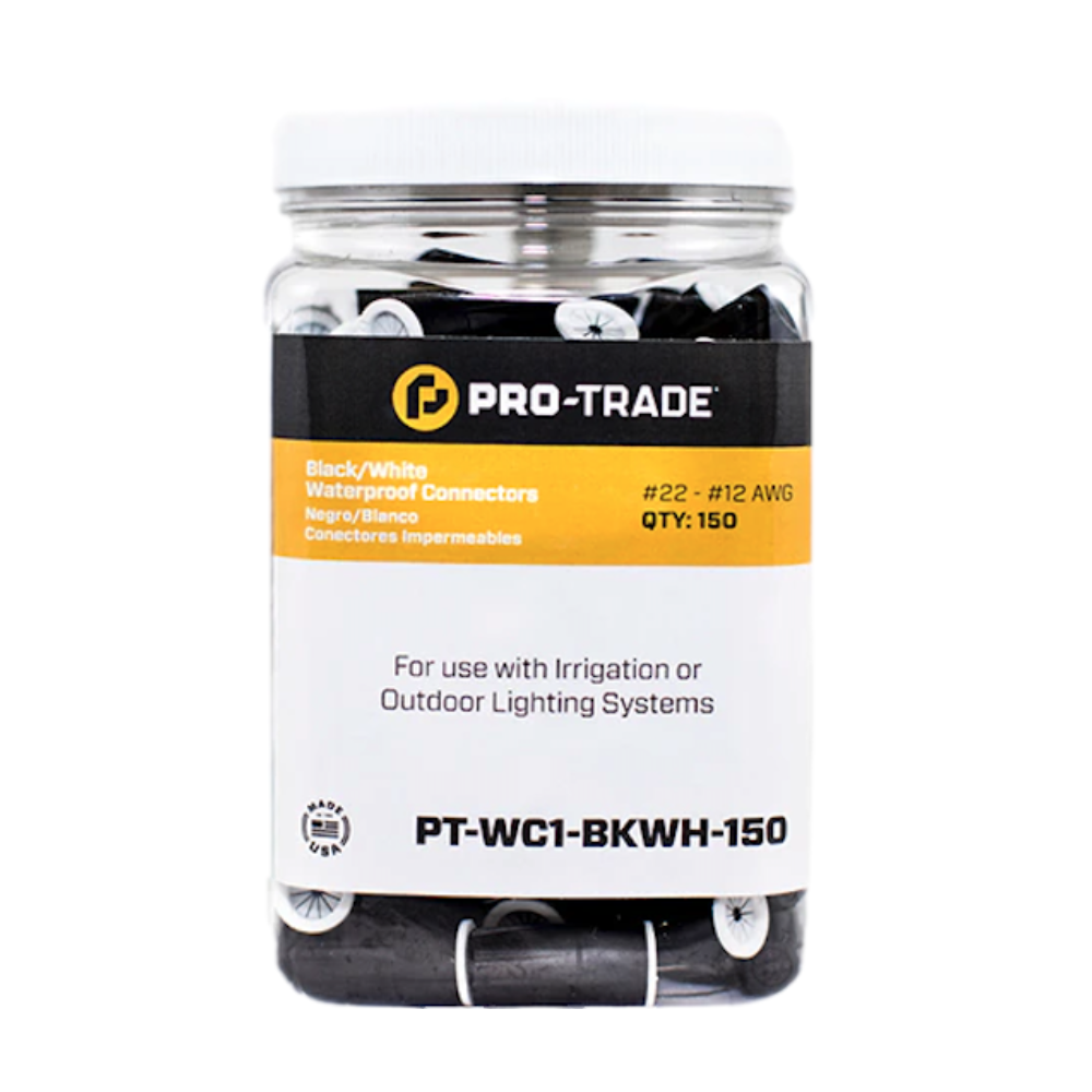 Packaged Pro-Trade waterproof connectors with visible black and white connector caps, illustrating sealed design for irrigation and outdoor lighting splices.