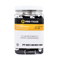 Packaged Pro-Trade waterproof connectors with visible black and white connector caps, illustrating sealed design for irrigation and outdoor lighting splices.