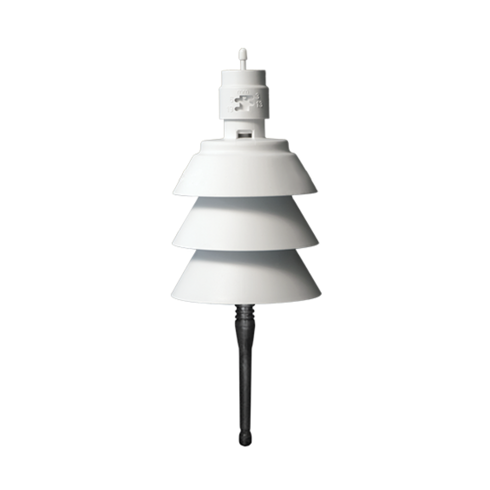 Front view of Weathermatic SLW5 wireless weather station showing white solar shields, rain spindle, and adjustable aluminum mounting arm for gutter or wall installation.