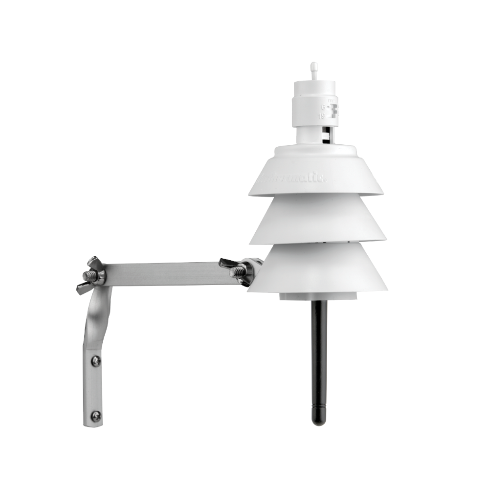 Close-up of Weathermatic SLW5 weather station base and SLHUB-RF-5 pairing hub, illustrating diagnostics LED, battery access cover, and mounting arm details.