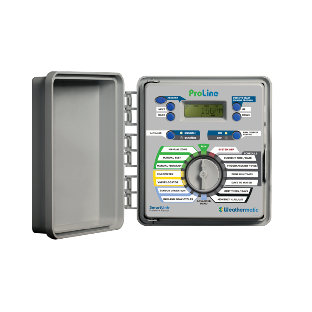 Weathermatic ProLine PL1600 outdoor 4‑station modular plastic controller in closed enclosure, showing weather‑resistant housing and wiring access points for field installation.