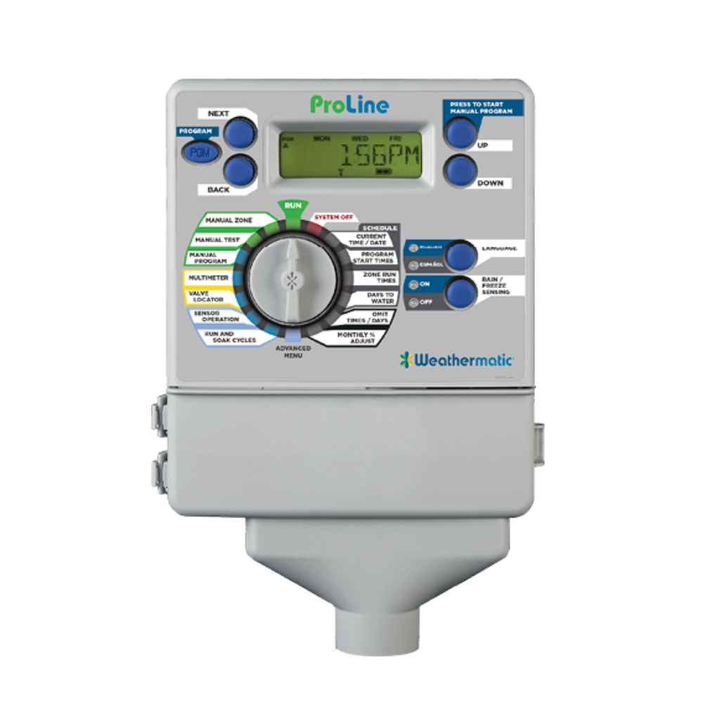 Front view of Weathermatic ProLine PL800 indoor 4‑station modular irrigation controller showing display and terminal layout for installation and diagnostics.