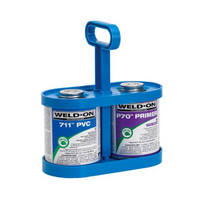 Blue Weld-On CanTote plastic carrier holding two quart and pint cement/primer cans, with integrated handle for easy jobsite transport.