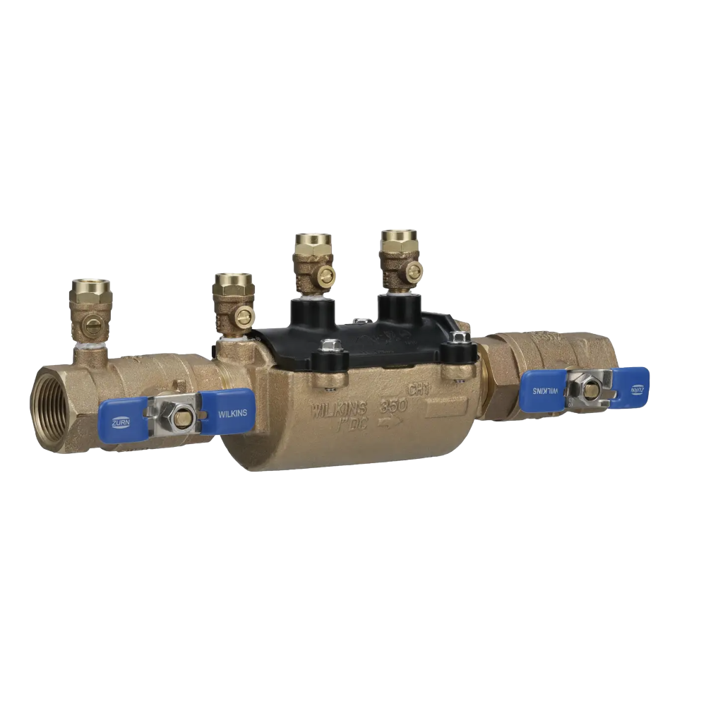 Front-angle view of Wilkins 350FT 1 in. double check backflow preventer showing bronze body, EZSwap composite pressure vessel and ball valves.