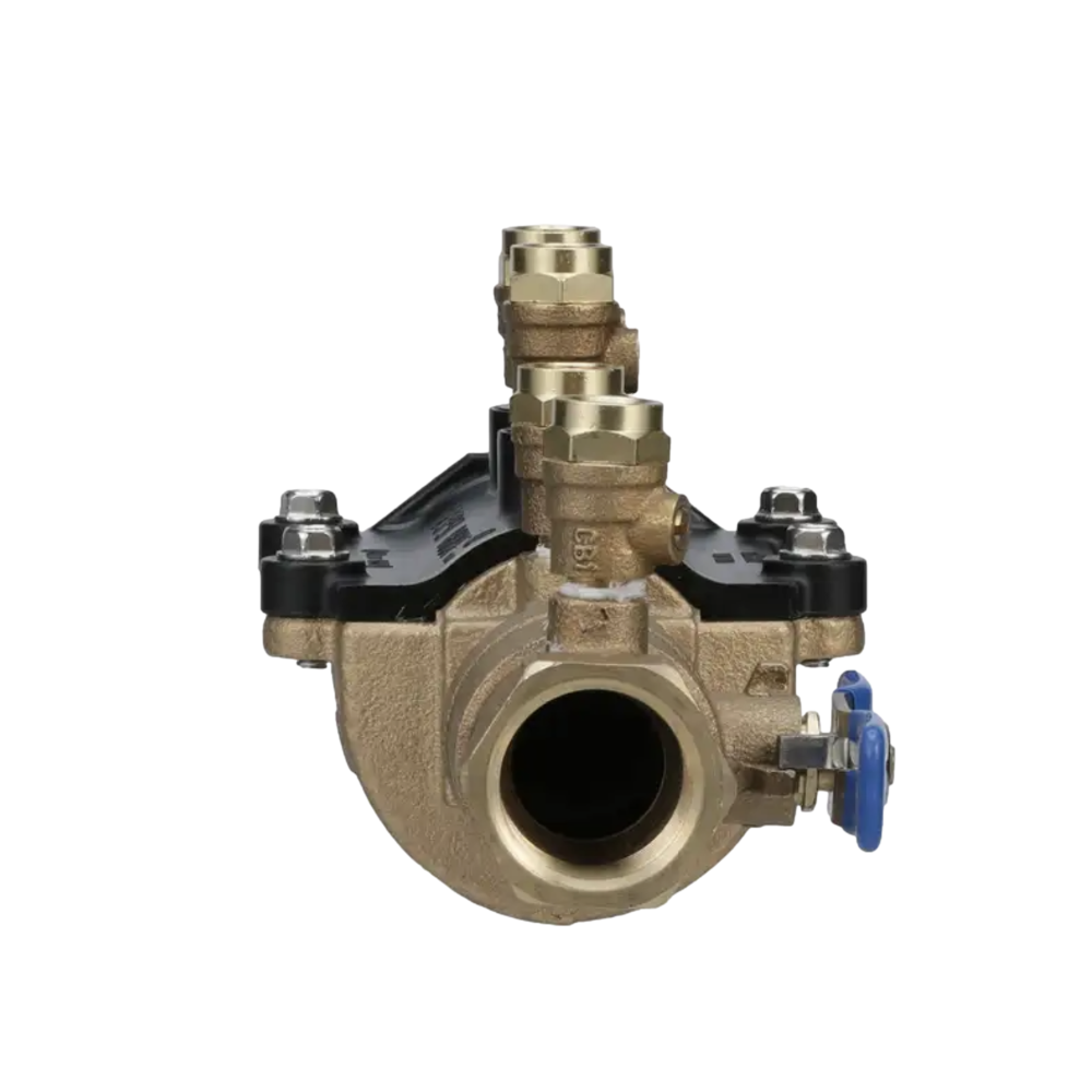 Top view of the 350FT backflow preventer highlighting the integral 45° SAE flare test fitting, stainless-steel handles and corrosion-resistant components.