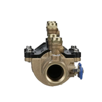 Top view of the 350FT backflow preventer highlighting the integral 45° SAE flare test fitting, stainless-steel handles and corrosion-resistant components.