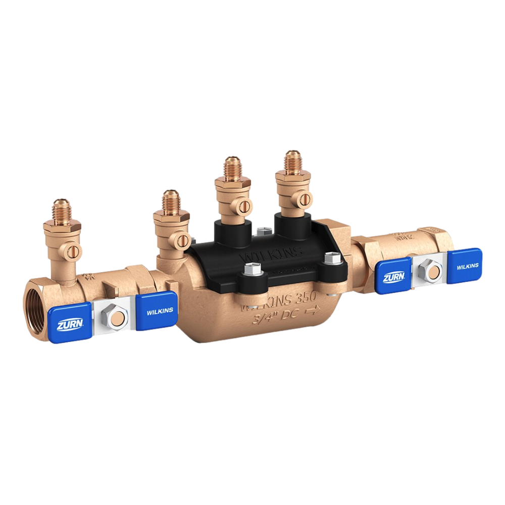 Wilkins Model 350 bronze 3/4-inch double-check backflow preventer with top-mounted test cocks and removable pressure vessel