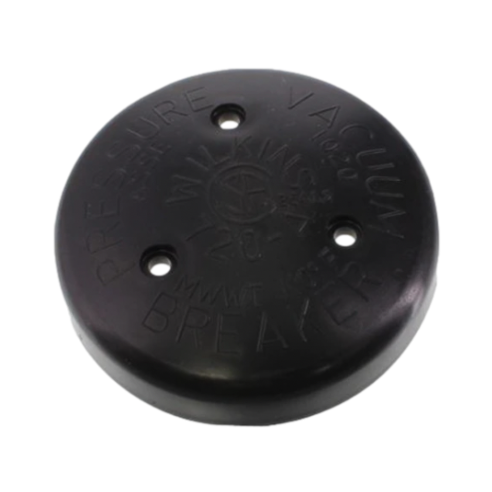 Black plastic replacement canopy (Wilkins 721-3) for 720A pressure vacuum breaker showing top with three mounting hole locations visible and molded profile.