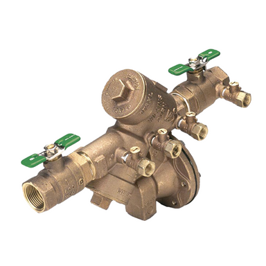 Wilkins 975XL2 reduced pressure backflow preventer, lead-free bronze body with full-port ball valves; 1-1/4 inch model shown for reference, front view.