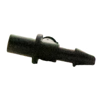 Close-angle view of Rain Bird XBF2EL 1/4-inch barb elbow highlighting the self-piercing barb tips and stem for Xeriman™ tool installation.