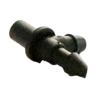 Top-down photograph of Rain Bird XBF2EL 1/4-inch barb elbow showing internal barb profile and compact elbow geometry for drip tubing.