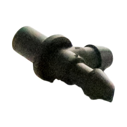 Top-down photograph of Rain Bird XBF2EL 1/4-inch barb elbow showing internal barb profile and compact elbow geometry for drip tubing.