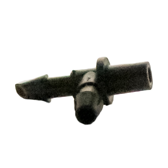 Rain Bird XBF2EL 1/4-inch barb elbow displayed at an angle to show stem, barbs, and overall rugged plastic construction for outdoor use.