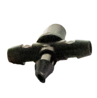 Side view of the Rain Bird XBF3TEE illustrating the compact tee profile and three 1/4 inch barb connections.