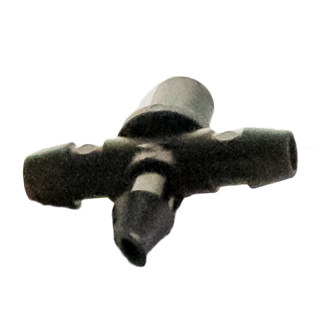 Side view of the Rain Bird XBF3TEE illustrating the compact tee profile and three 1/4 inch barb connections.