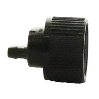 Side view of XBT10 emitter highlighting the 1/4" outlet barb that retains distribution tubing and the color-coded black body.