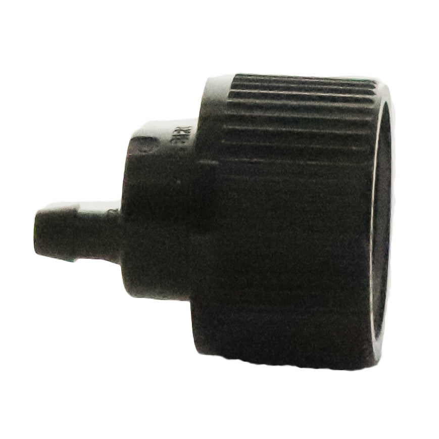 Side view of XBT10 emitter highlighting the 1/4" outlet barb that retains distribution tubing and the color-coded black body.