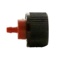 Top-down view of XBT20 emitter threaded inlet and compact profile; shows red plastic body and self-flushing outlet design.