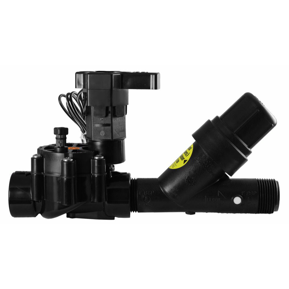 Product image: assembled Rain Bird XCZLF-100-PRF low-flow control zone kit with 1-inch valve and 1-inch pressure-regulating screen filter.