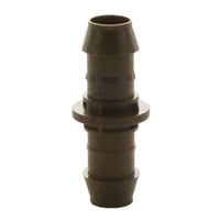 Front view of Rain Bird XFFCOUP 17mm barb insert coupling showing both barbed ends and center flange in brown plastic, used with XF dripline.