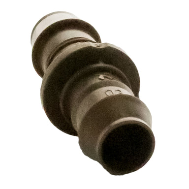 Side-angle close-up of Rain Bird XFFCOUP coupling highlighting self-holding barbs, tube-stop and large flange on 17mm OD fitting in brown plastic.