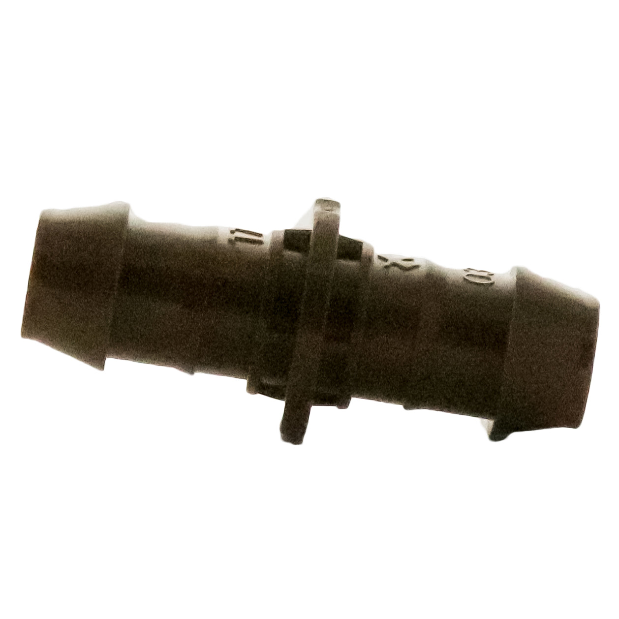 Detailed close-up of the barbed profile and insertion end of the XFFCOUP 17mm coupling, showing the secure grip and molded tube-stop feature.